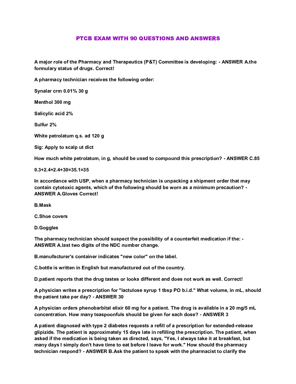 Preview of PTCB EXAM WITH 90 QUESTIONS AND ANSWERS